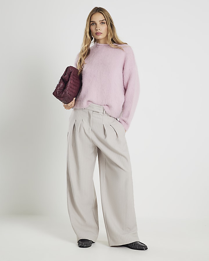Grey Pinstripe Wide Leg Trousers