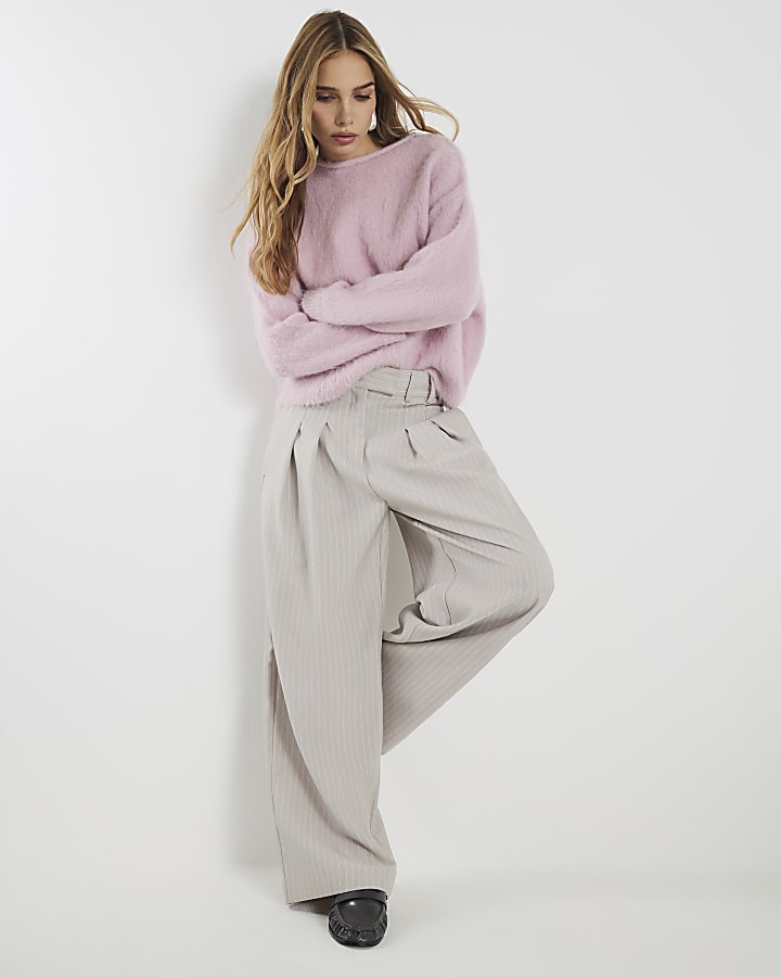 Grey Pinstripe Wide Leg Trousers