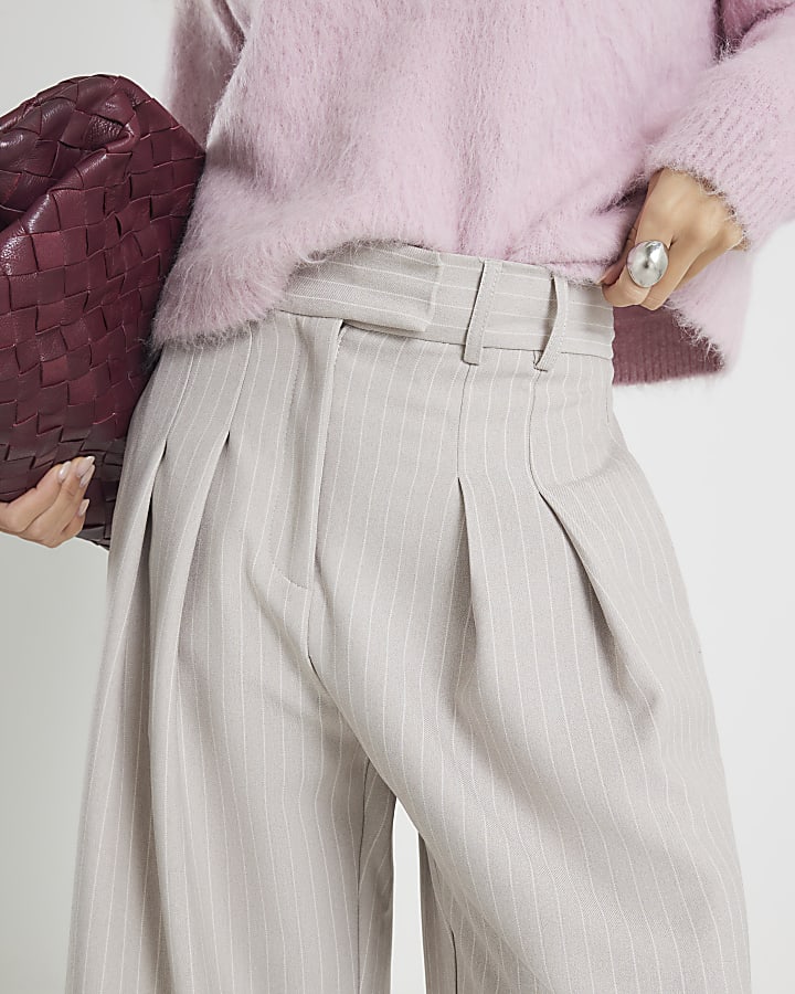 Grey Pinstripe Wide Leg Trousers