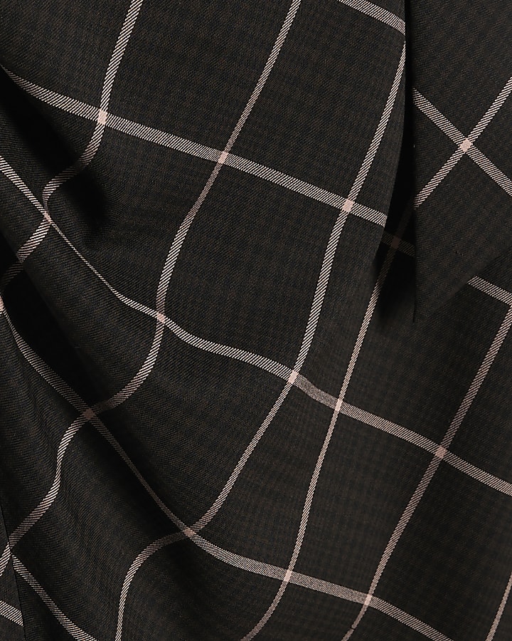 Brown Check Tie Neck Midi Dress