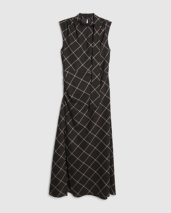 Brown Check Tie Neck Midi Dress