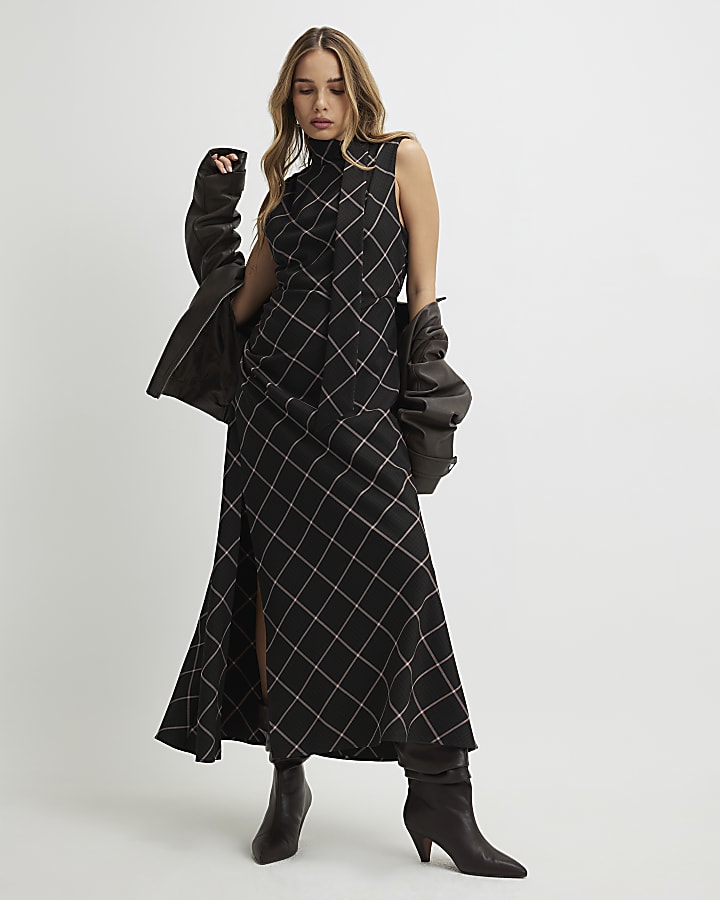 Brown Check Tie Neck Midi Dress