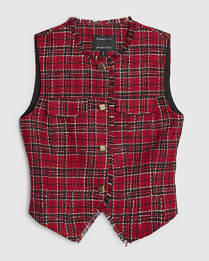 Red Boucle Fringed Waistcoat