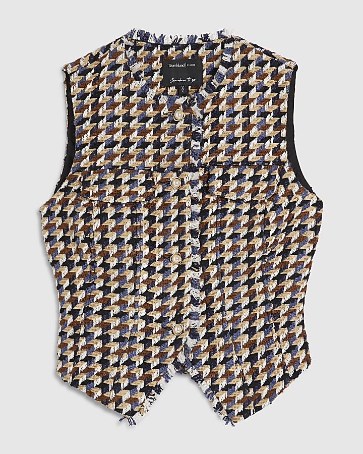 Brown Boucle Sleeveless Fringed Waistcoat