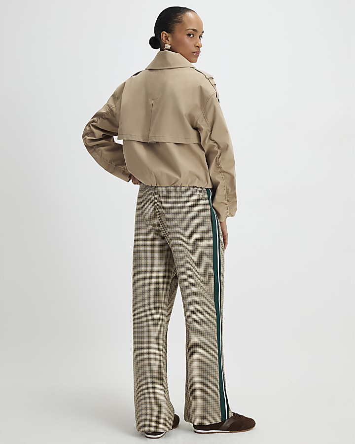 Beige Check Side Stripe Wide Leg Joggers