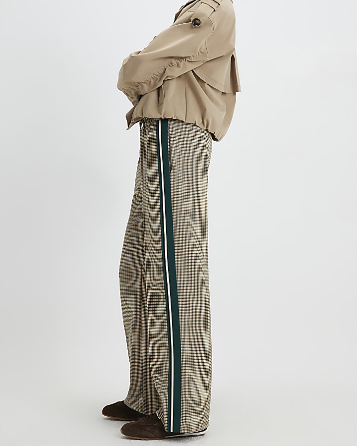 Beige Check Side Stripe Wide Leg Joggers