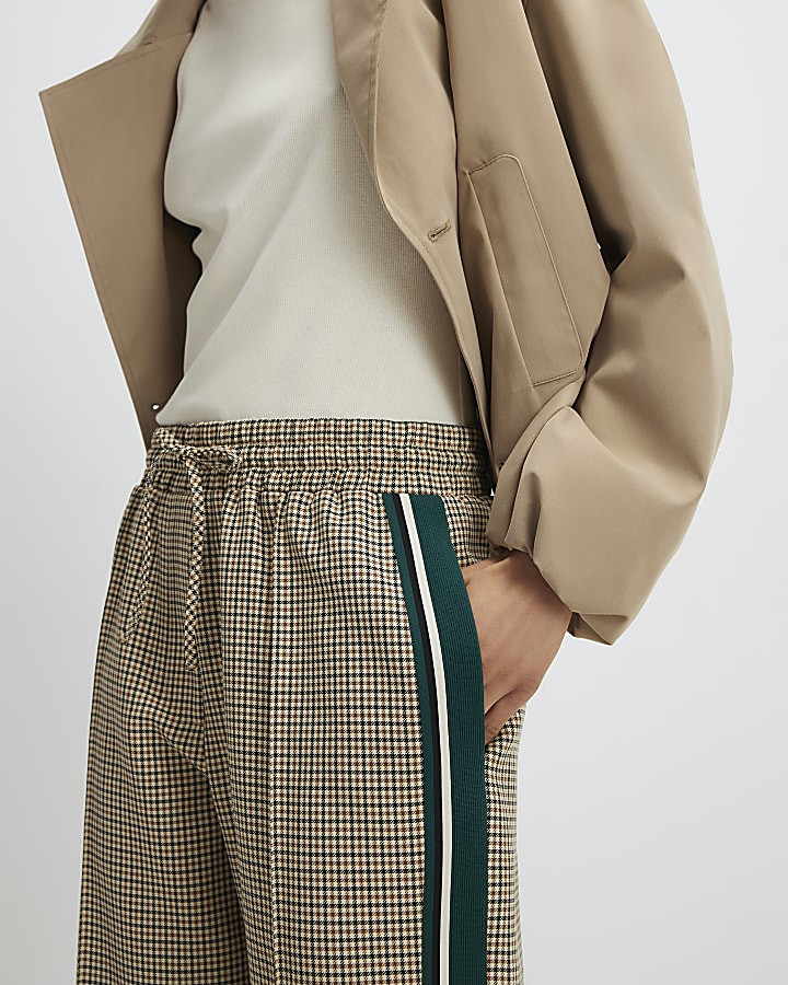 Beige Check Side Stripe Wide Leg Joggers