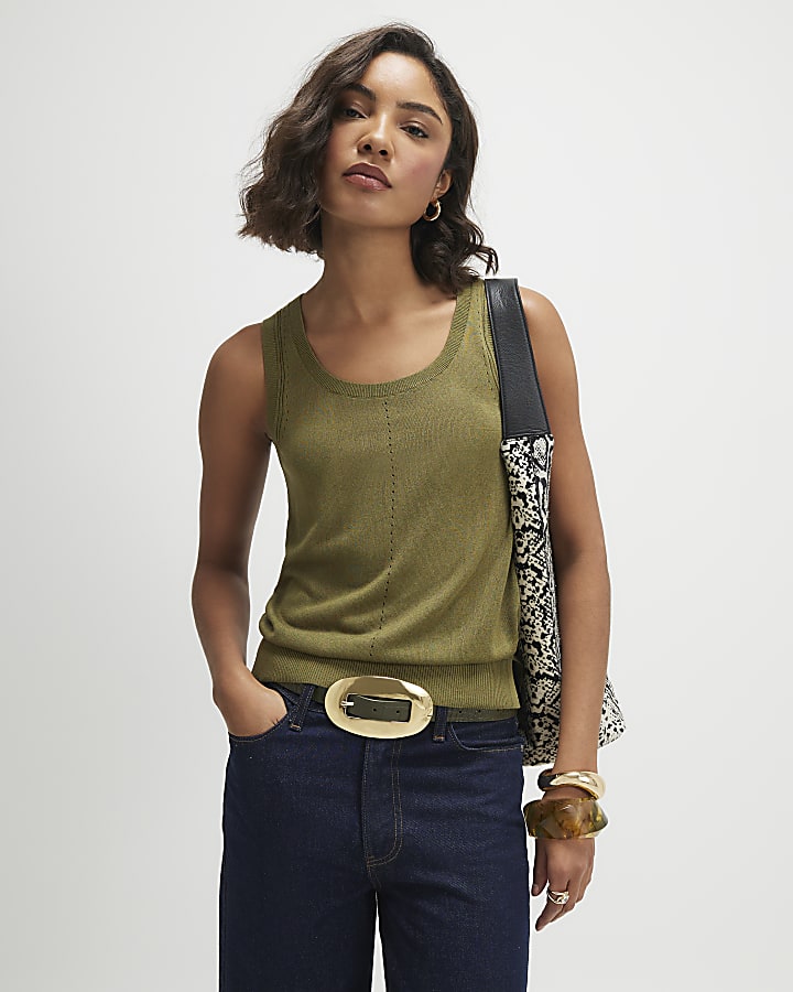Khaki Fine Knit Vest Top