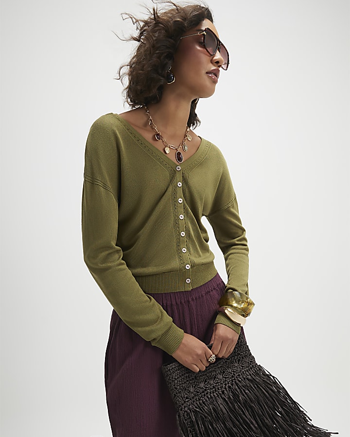 Khaki V Neck Cardigan