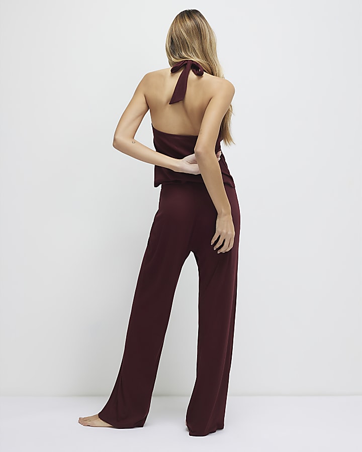 Red Peplum Halter Neck Pyjama Set