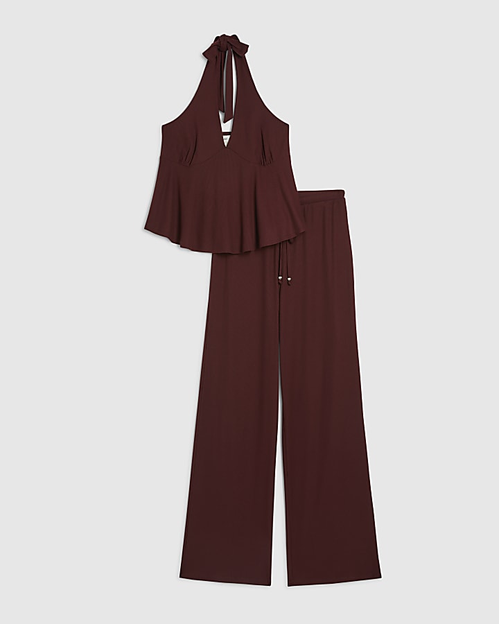 Red Peplum Halter Neck Pyjama Set