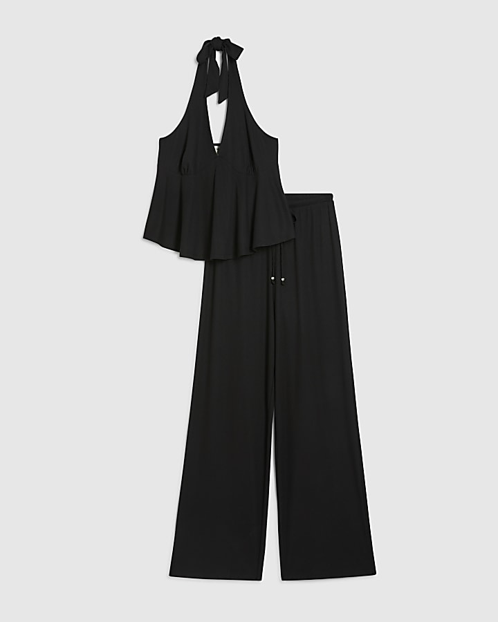Black Peplum Halter Neck Pyjama Set