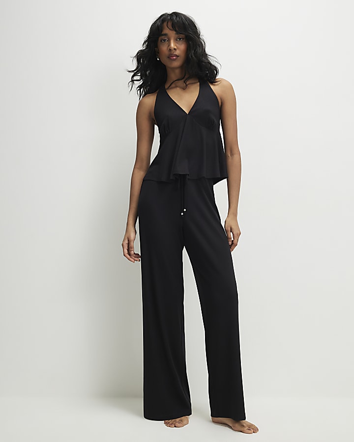 Black Peplum Halter Neck Pyjama Set