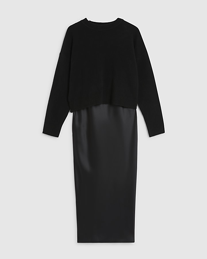 Black Hybrid Satin Jumper Maxi Dress