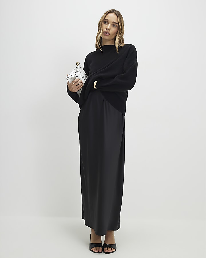 Black Hybrid Satin Jumper Maxi Dress