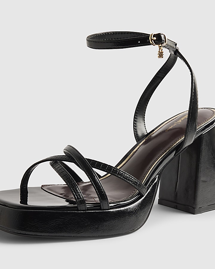 Black Block Heel Cross Strap Heeled Sandals
