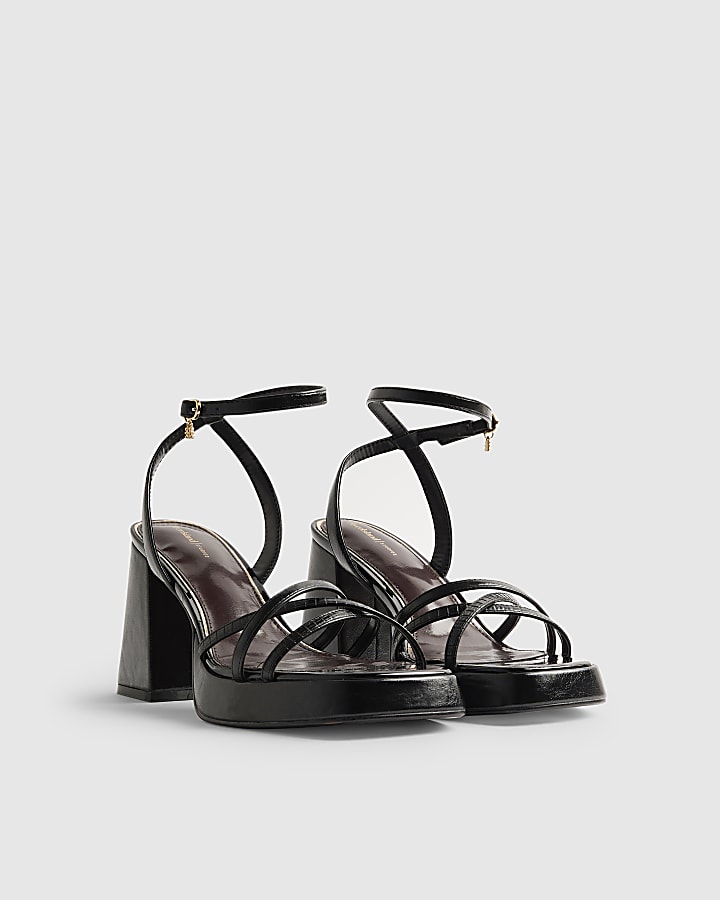 Black Block Heel Cross Strap Heeled Sandals