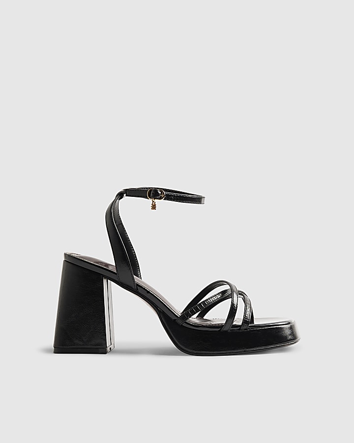 Black Block Heel Cross Strap Heeled Sandals
