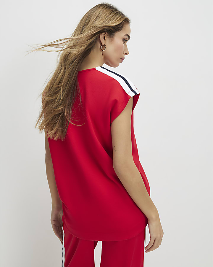 Red Short Sleeve Tape Detail V Neck Top