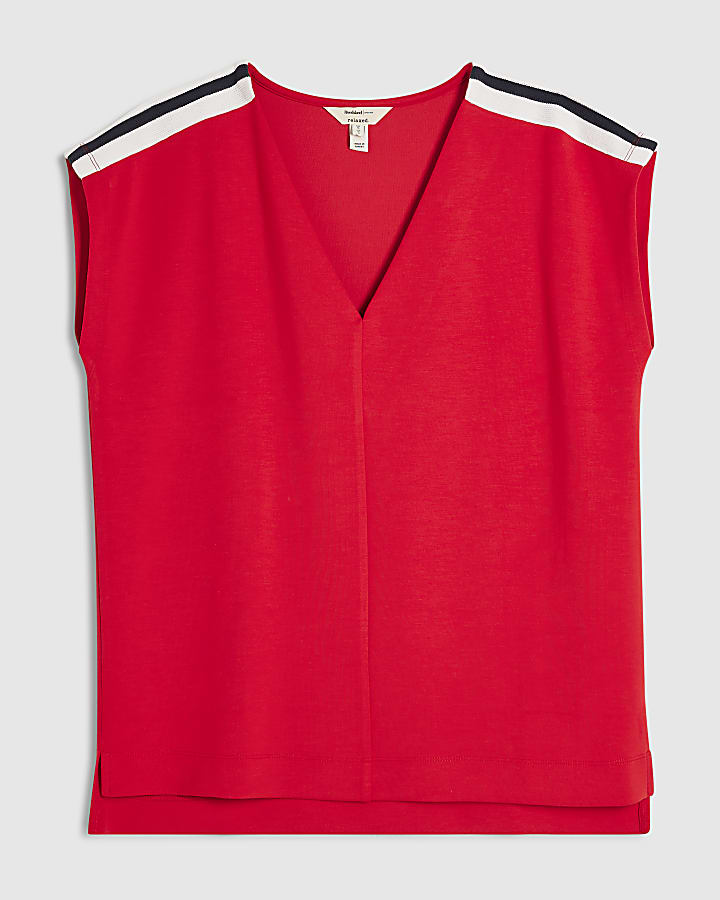 Red Short Sleeve Tape Detail V Neck Top