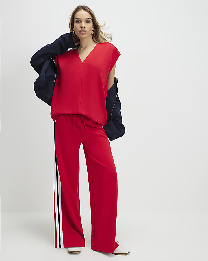 Red Short Sleeve Tape Detail V Neck Top