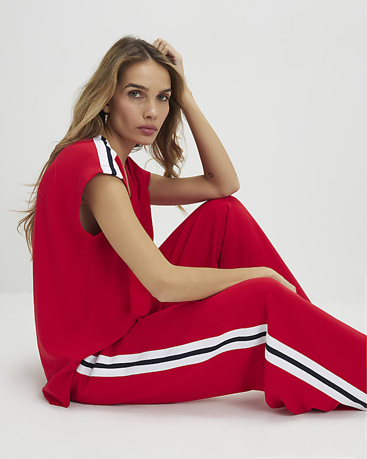 Red Short Sleeve Tape Detail V Neck Top