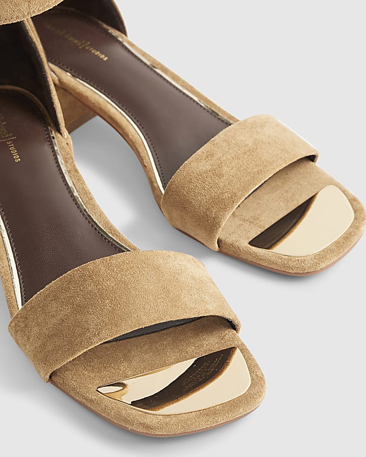 Beige Faux Suede Low Block Heel Sandals