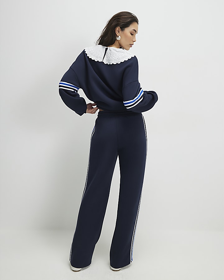 Navy Wide Leg Side Stripe Joggers
