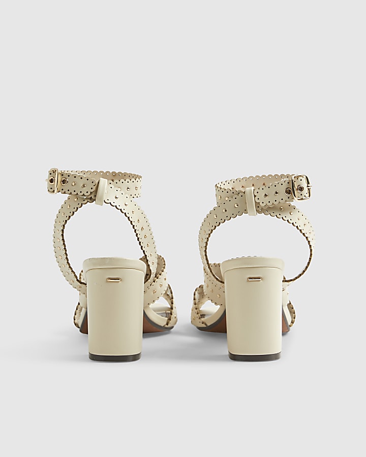 Cream Studded Scallop Edge Block Heel Sandals