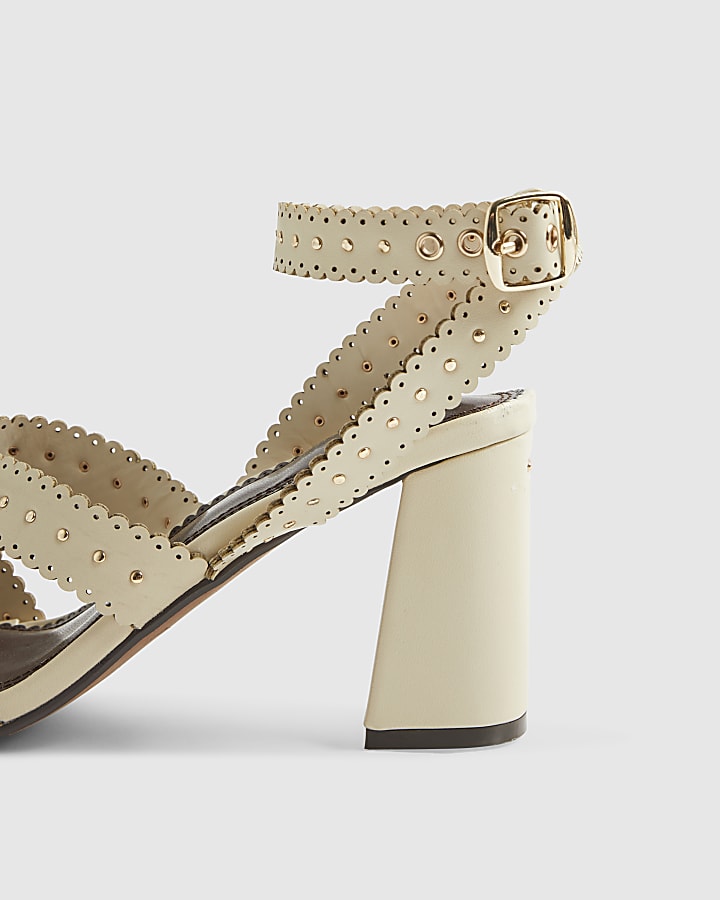Cream Studded Scallop Edge Block Heel Sandals
