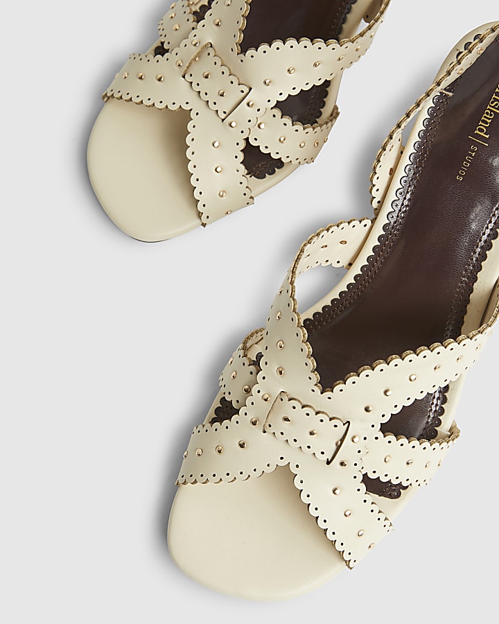 Cream Studded Scallop Edge Block Heel Sandals