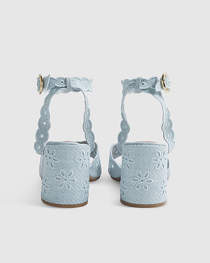 Blue Broderie Block Heel Sandals