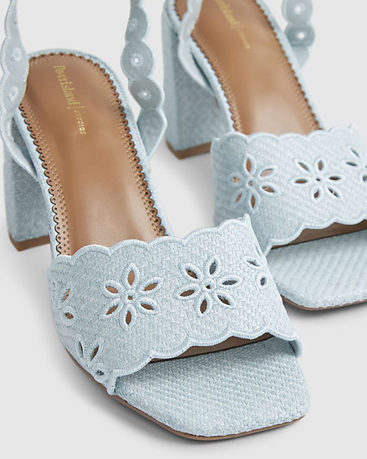 Blue Broderie Block Heel Sandals