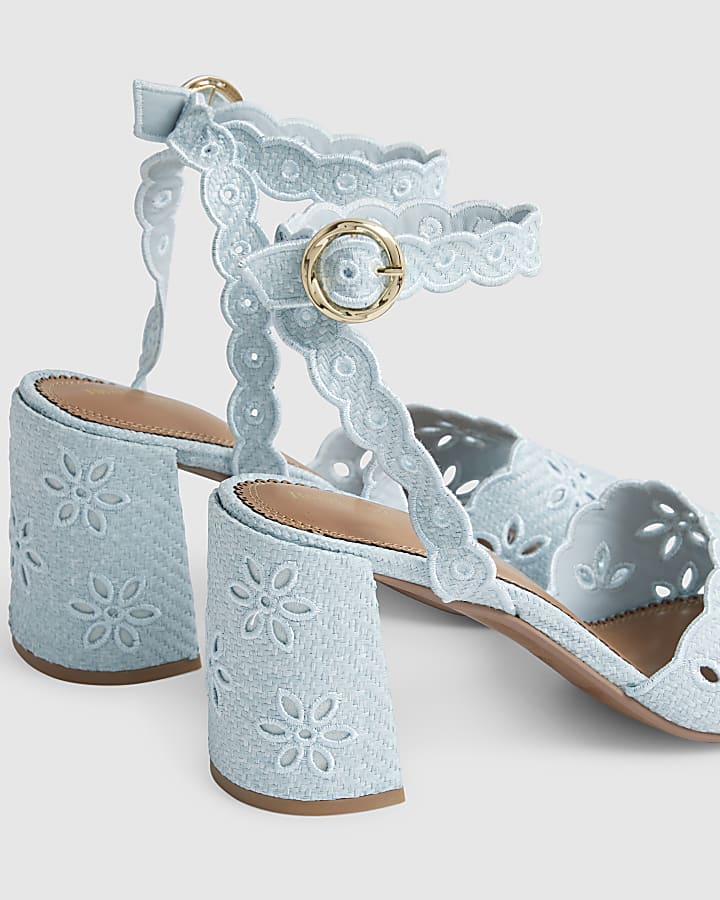 Blue Broderie Block Heel Sandals