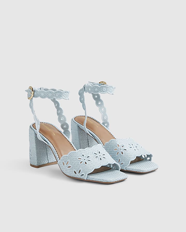 Blue Broderie Block Heel Sandals