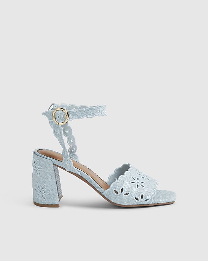 Blue Broderie Block Heel Sandals