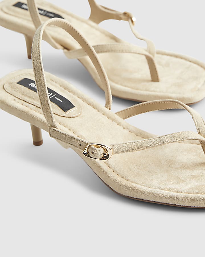 Beige Faux Suede Toe Thong Heeled Sandals