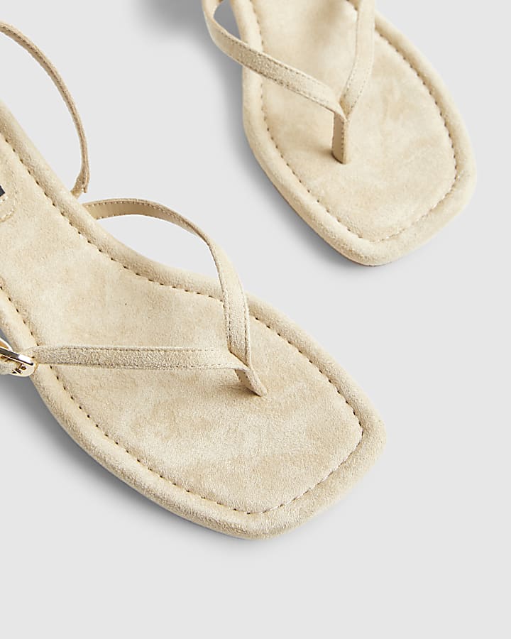 Beige Faux Suede Toe Thong Heeled Sandals