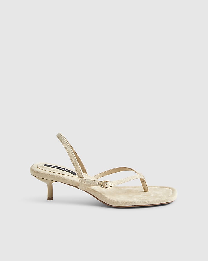 Beige Faux Suede Toe Thong Heeled Sandals