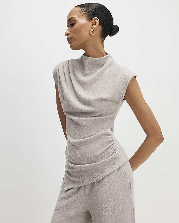 Beige Cosy Sleeveless Drape Top