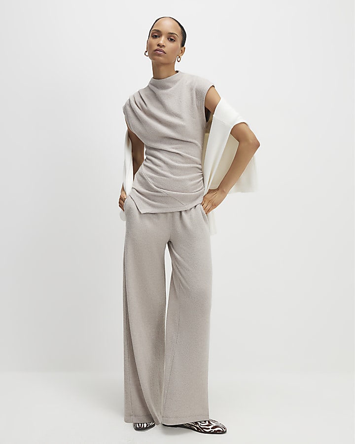 Beige Cosy Sleeveless Drape Top