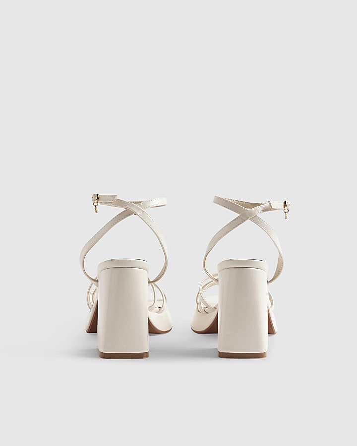White Block Heel Cross Strap Sandals