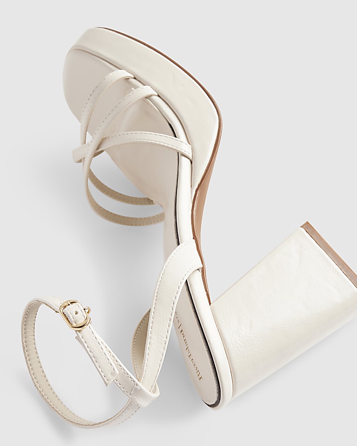 White Block Heel Cross Strap Sandals