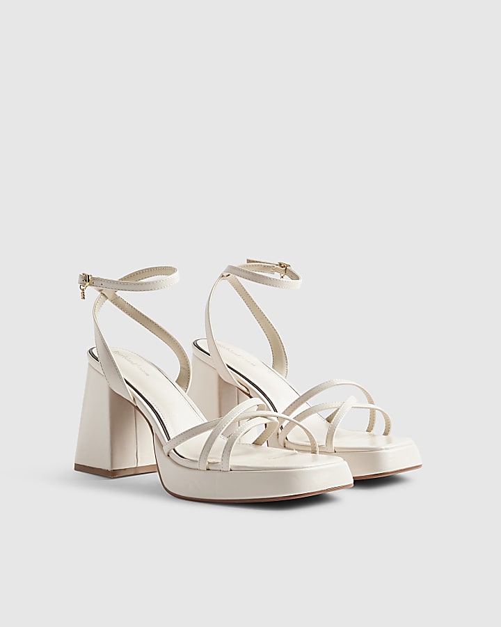 White Block Heel Cross Strap Sandals