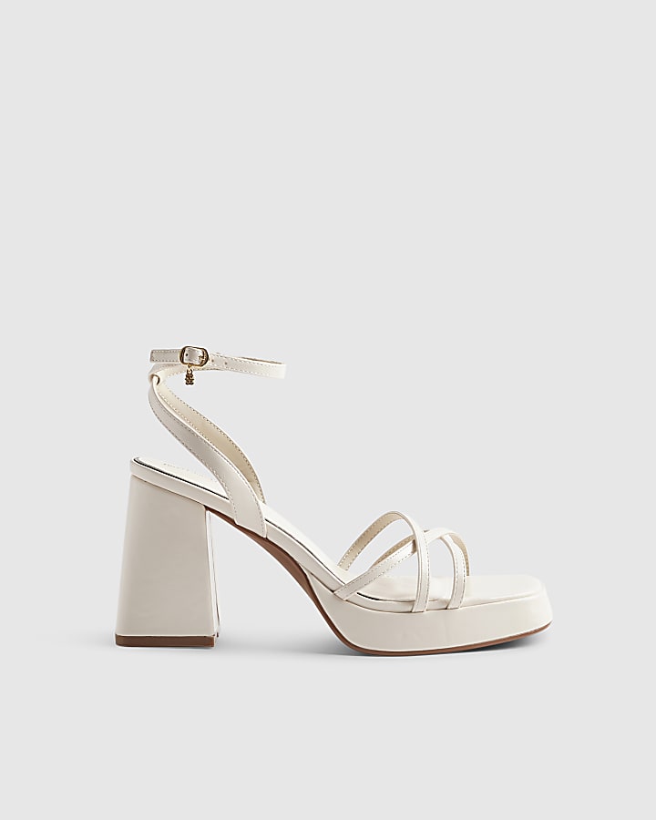 White Block Heel Cross Strap Sandals