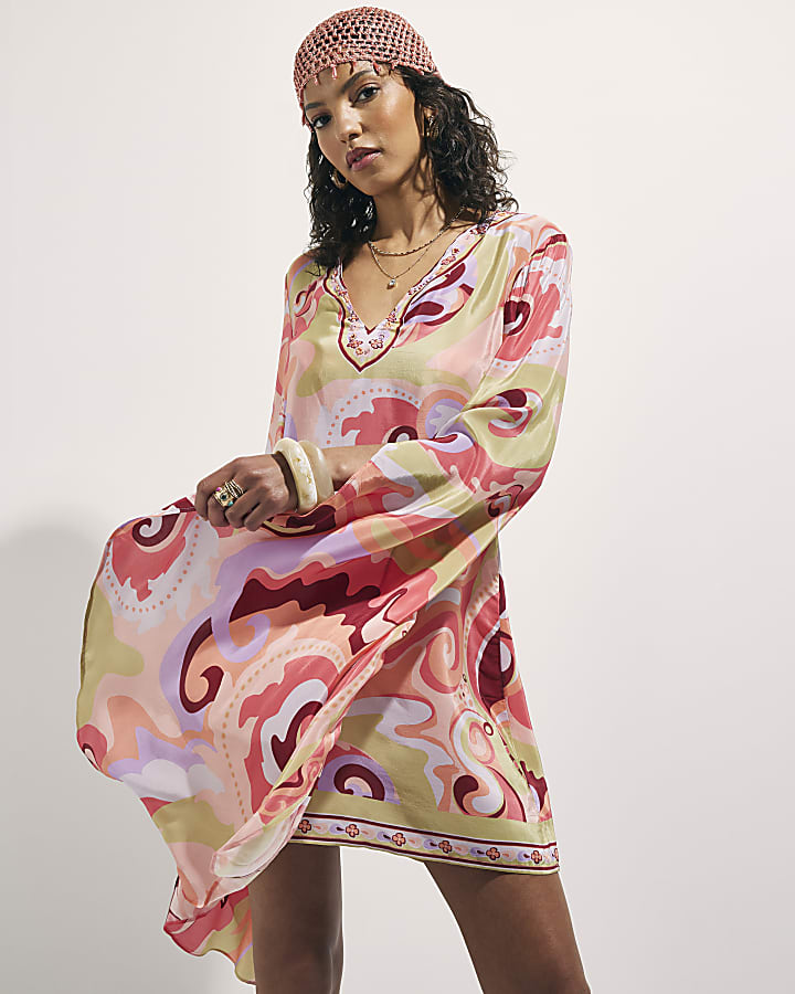 Orange Swirl Plunge Mini Tunic Dress