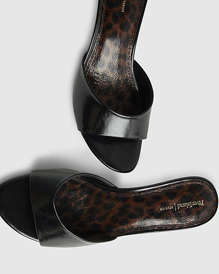 Black Faux Suede Mule Heeled Sandals