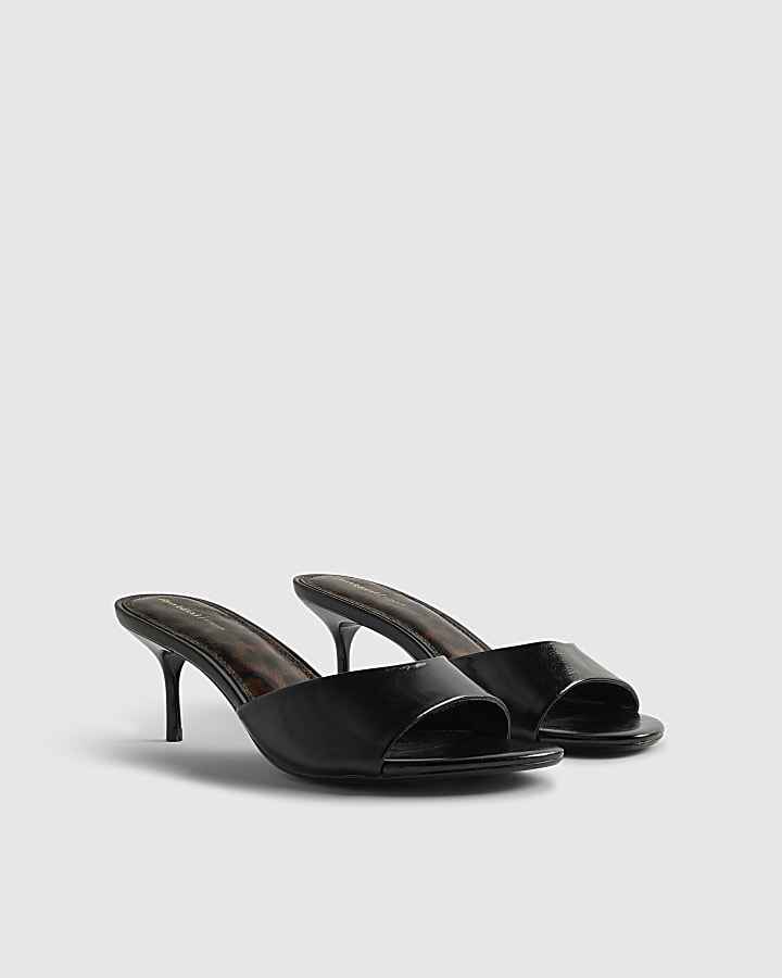 Black Faux Suede Mule Heeled Sandals