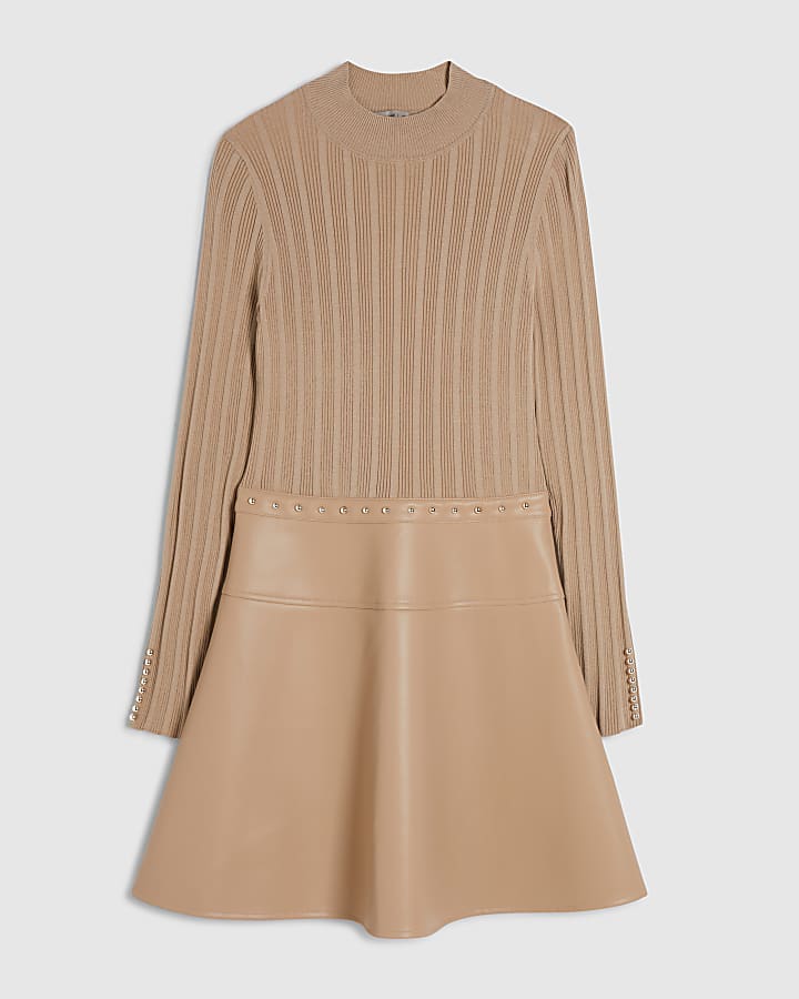 Beige Faux Leather Hybrid Dress