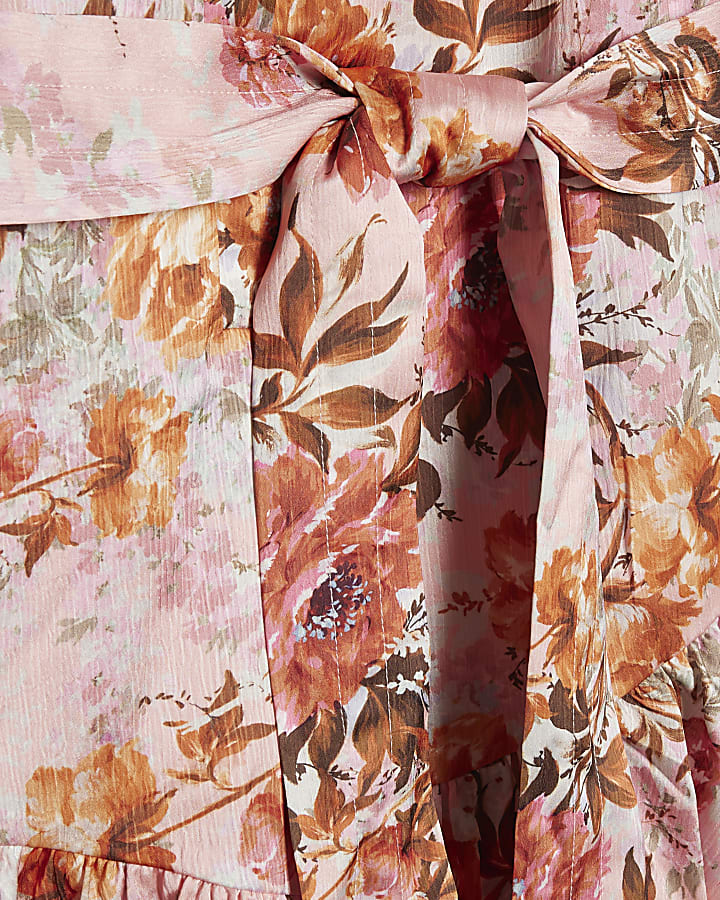 Pink Floral Satin Belted Mini Shirt Dress